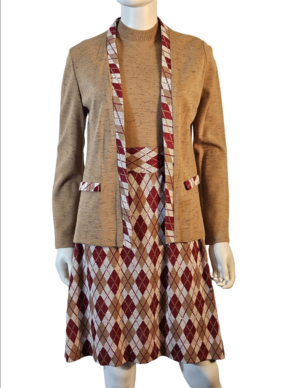 Vintage 60s Gay Gibson 2 Piece Tan Maroon Argyle Dress & Cardigan Matching Set